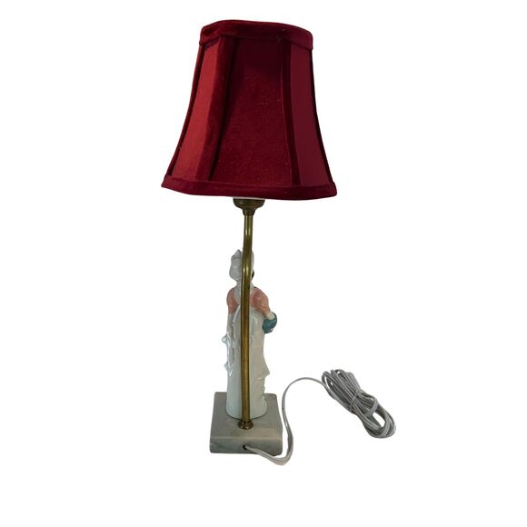 VTG Porcelain Figurine Table Lamp w/ Velvet Shade Brass Pole Marble Base 17.5” - Picture 4 of 11